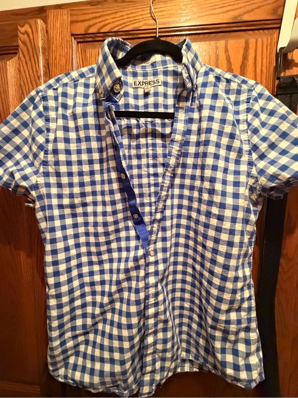 Express Blue and White Gingham Short-Sleeve Button-Down Shirt